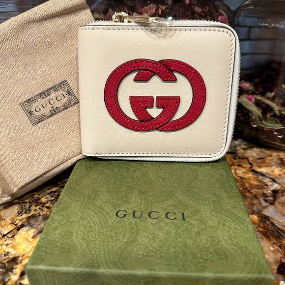 Gucci Interlocking GG Zip Around Wallet in White and Red NEW IN BOX - Picture 1 of 8